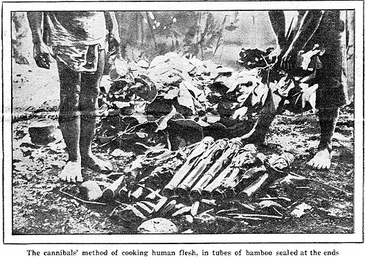 Photograph: The cannibals' method of cooking human flesh, in tubes of bamboo sealed at the ends.